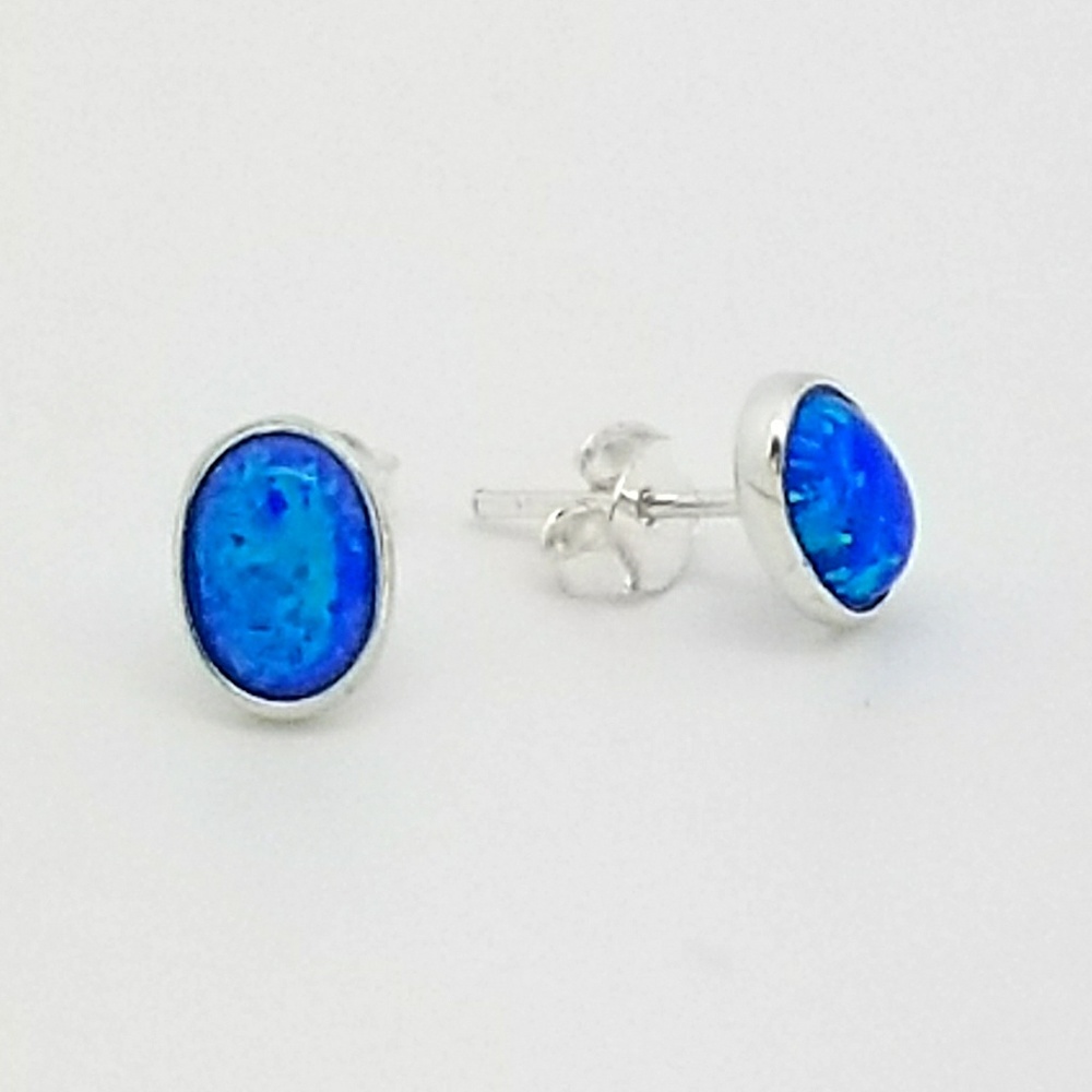Blue Created Opal Oval Studs